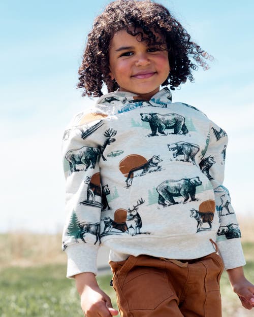 Shop Deux Par Deux Boy's Printed Forest Animals Fleece Hooded Sweatshirt Gray Mix In Oatmeal