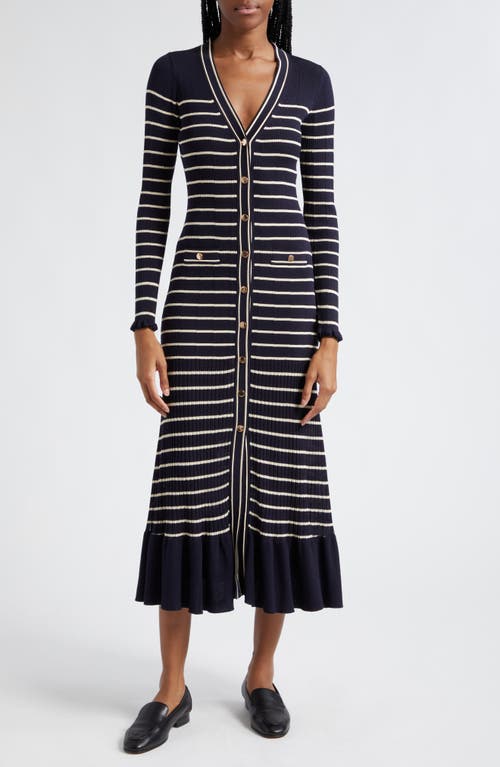 Marina Stripe Long Sleeve Midi Sweater Dress in Navy Stripe
