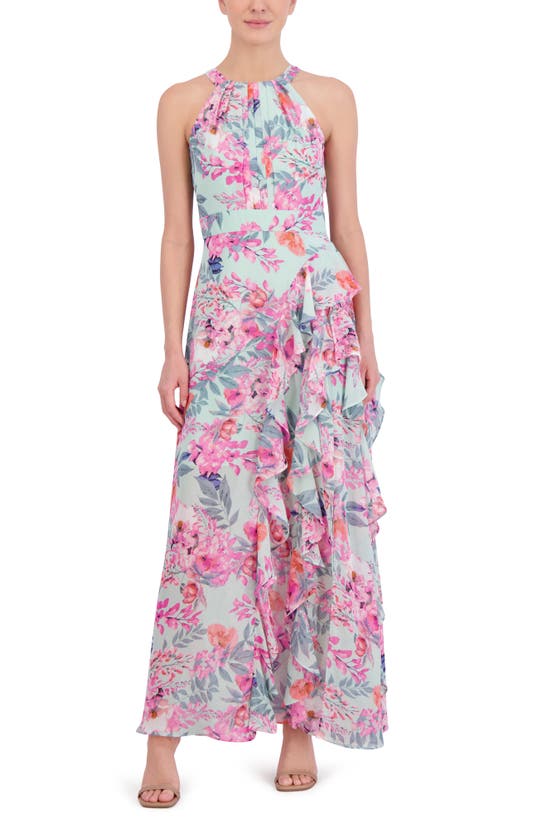 Shop Eliza J Floral Print Asymmetric Ruffle Sleeveless Maxi Dress In Mint
