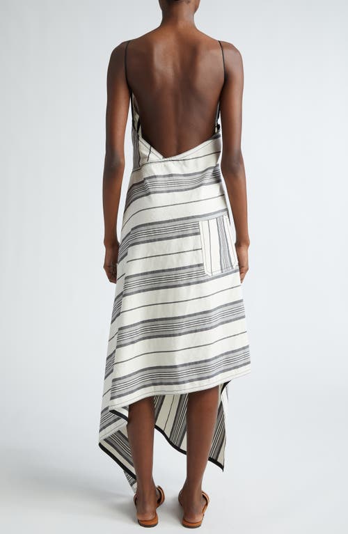 Shop Ferragamo Stripe Asymmetric Midi Dress In Ecru/nero/ash Grey