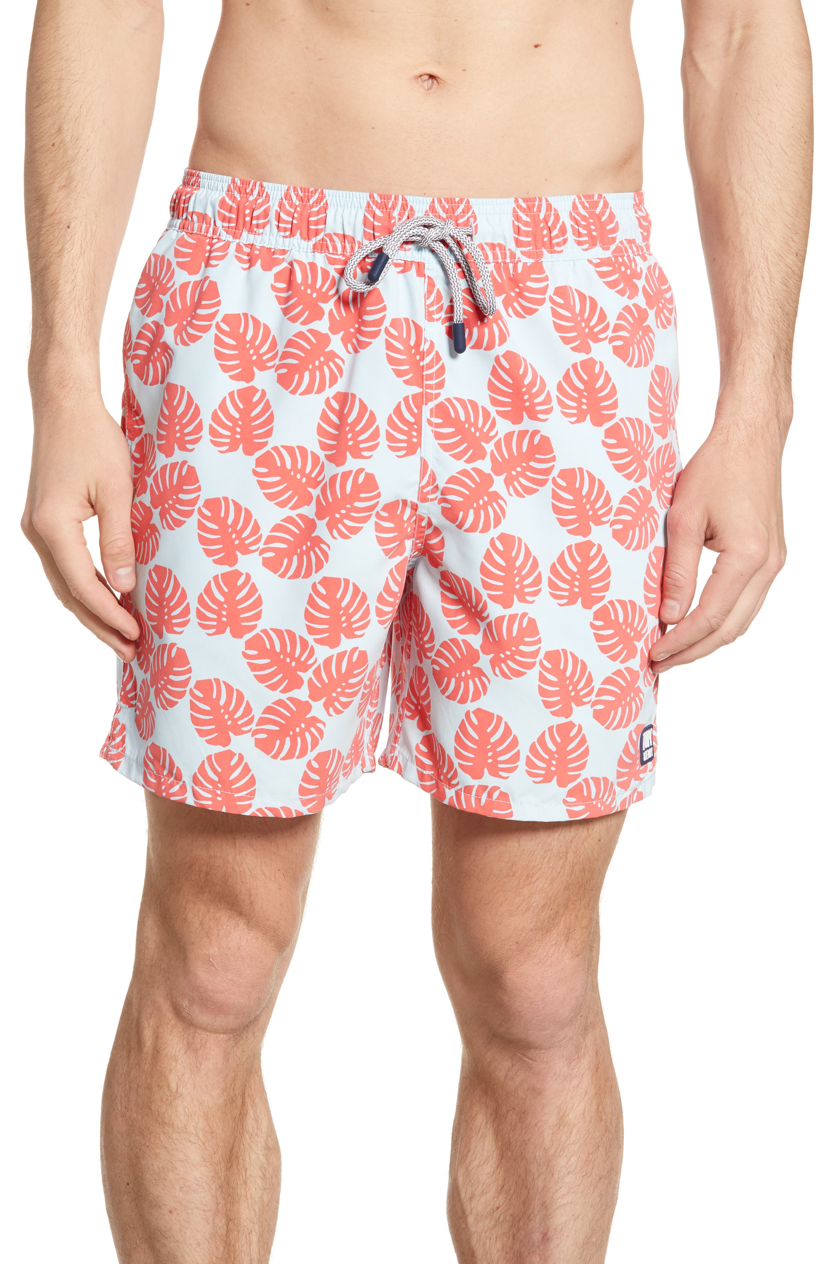 Tom & Teddy Leaf Print Swim Trunks, Blue