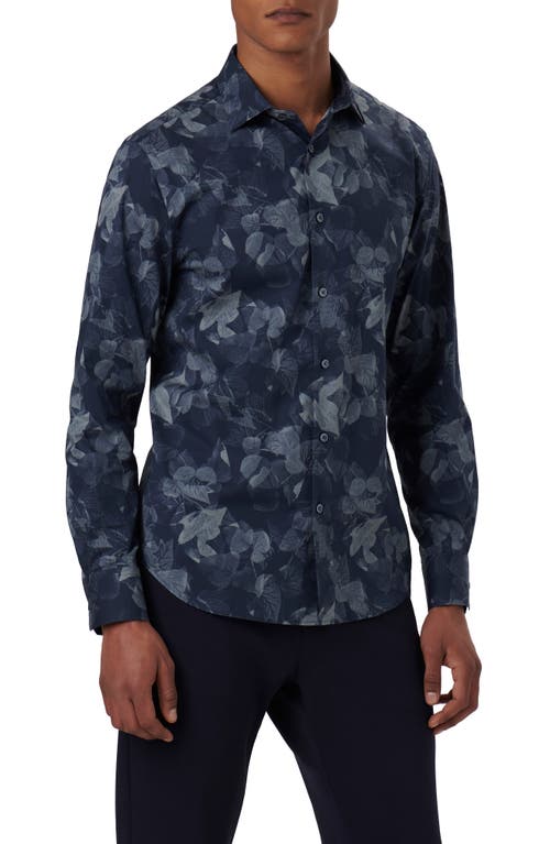 Bugatchi Axel Leaf Print Stretch Cotton Button-Up Shirt Navy at Nordstrom,