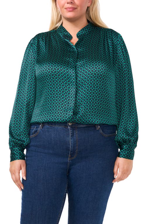 Shop Cece Geo Print Mandarin Collar Button-up Shirt In Meadow Green