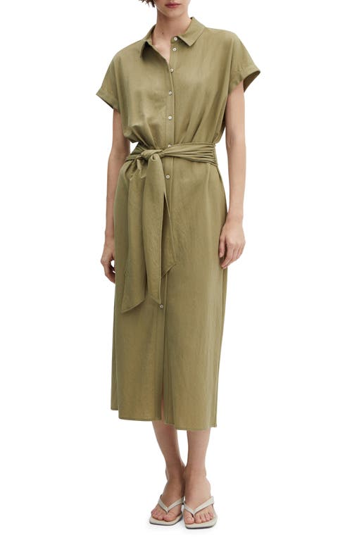 Mango Ruched Front Slinky Midi Dress In Bright Pink In Khaki Green