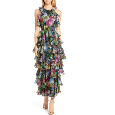 Flor. Et Al Iguala Floral Tiered Silk Blend Organza Gown, Black