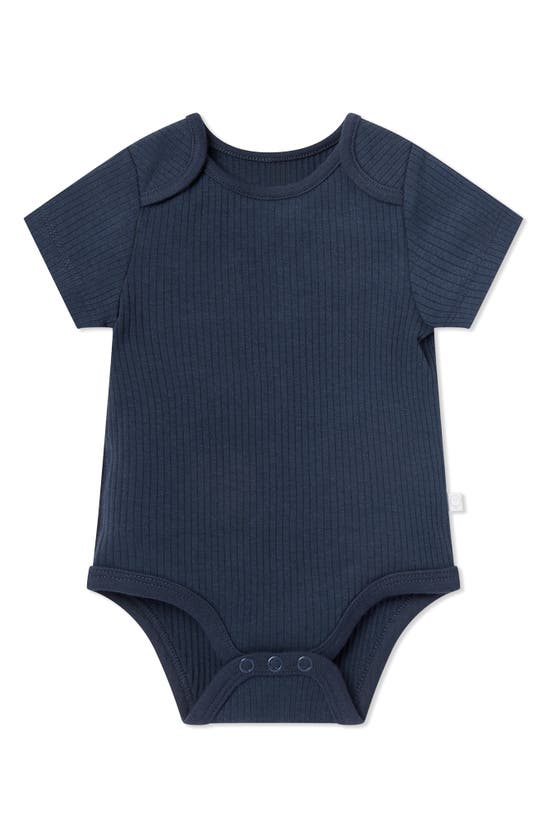 Mori Ribbed Short Sleeve Bodysuit In Navy