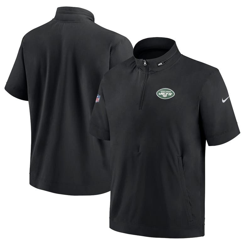 Shop Nike Black New York Jets Sideline Coach Short Sleeve Hoodie Quarter-zip Jacket