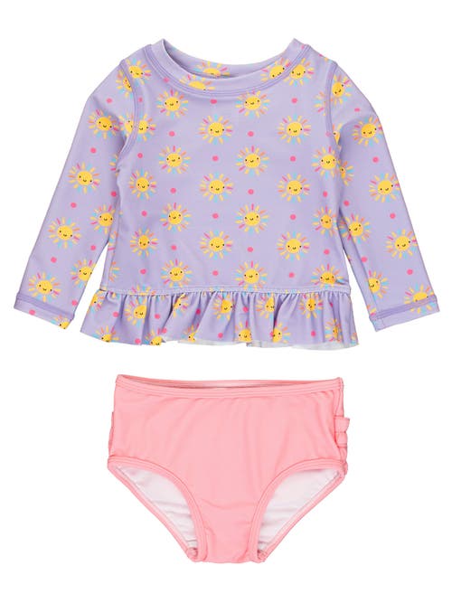 Shop Rufflebutts Toddler Girls Upf50+ Long Sleeve Rash Guard Bikini In Lavender Sunshiny Day