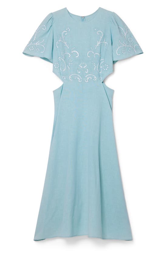 Shop Desigual Greta Side Cutout Bead Detail Cotton & Linen Dress In Blue