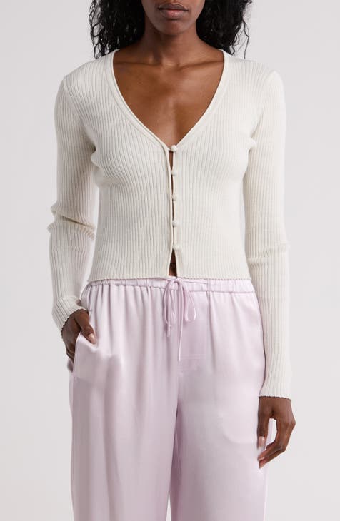 Rib Merino Wool Blend Crop Cardigan Sweater