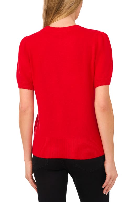 Cece Embellished Velvet Bow Short Sleeve Sweater In Bright Cherry