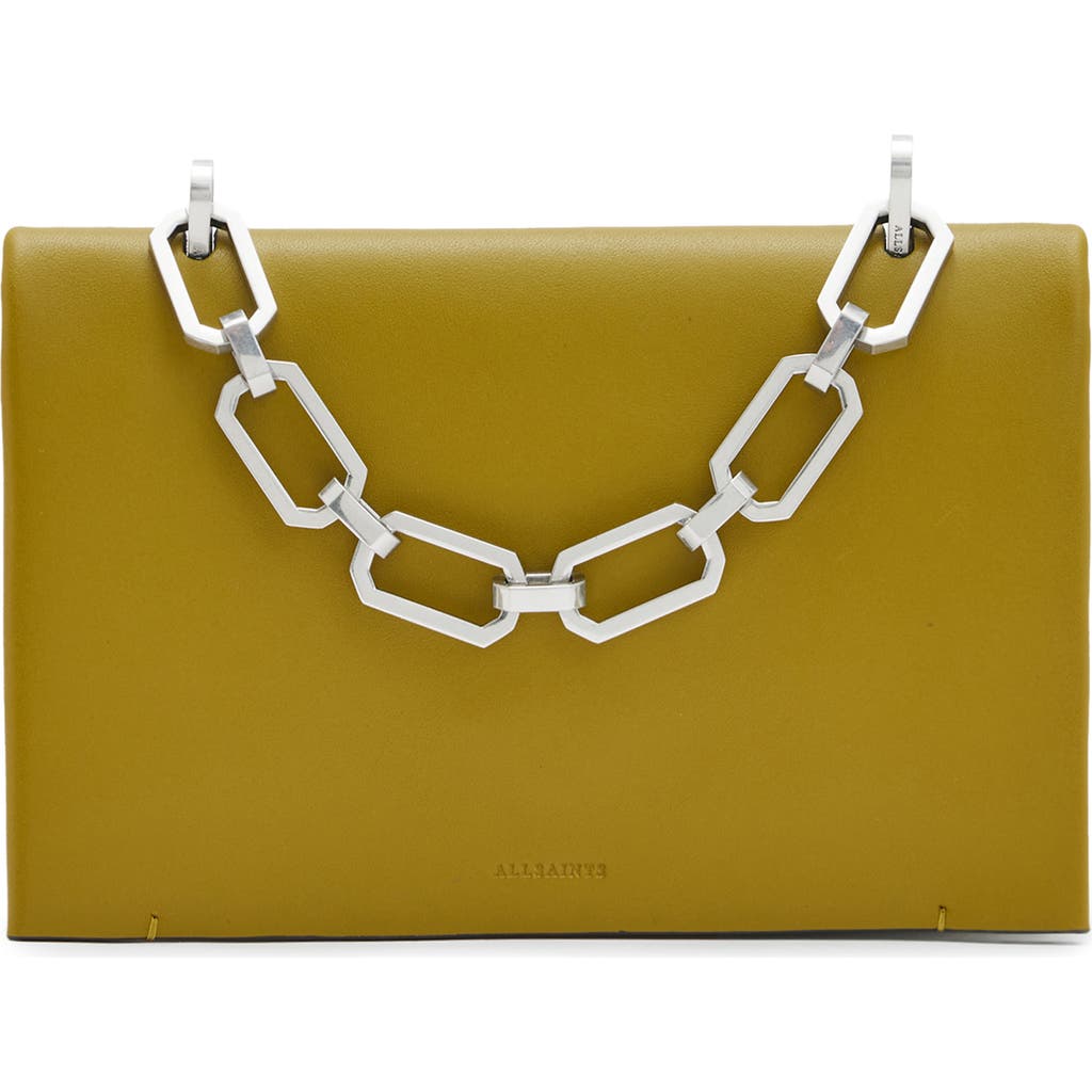 Allsaints Yua Leather Clutch In Sap Green