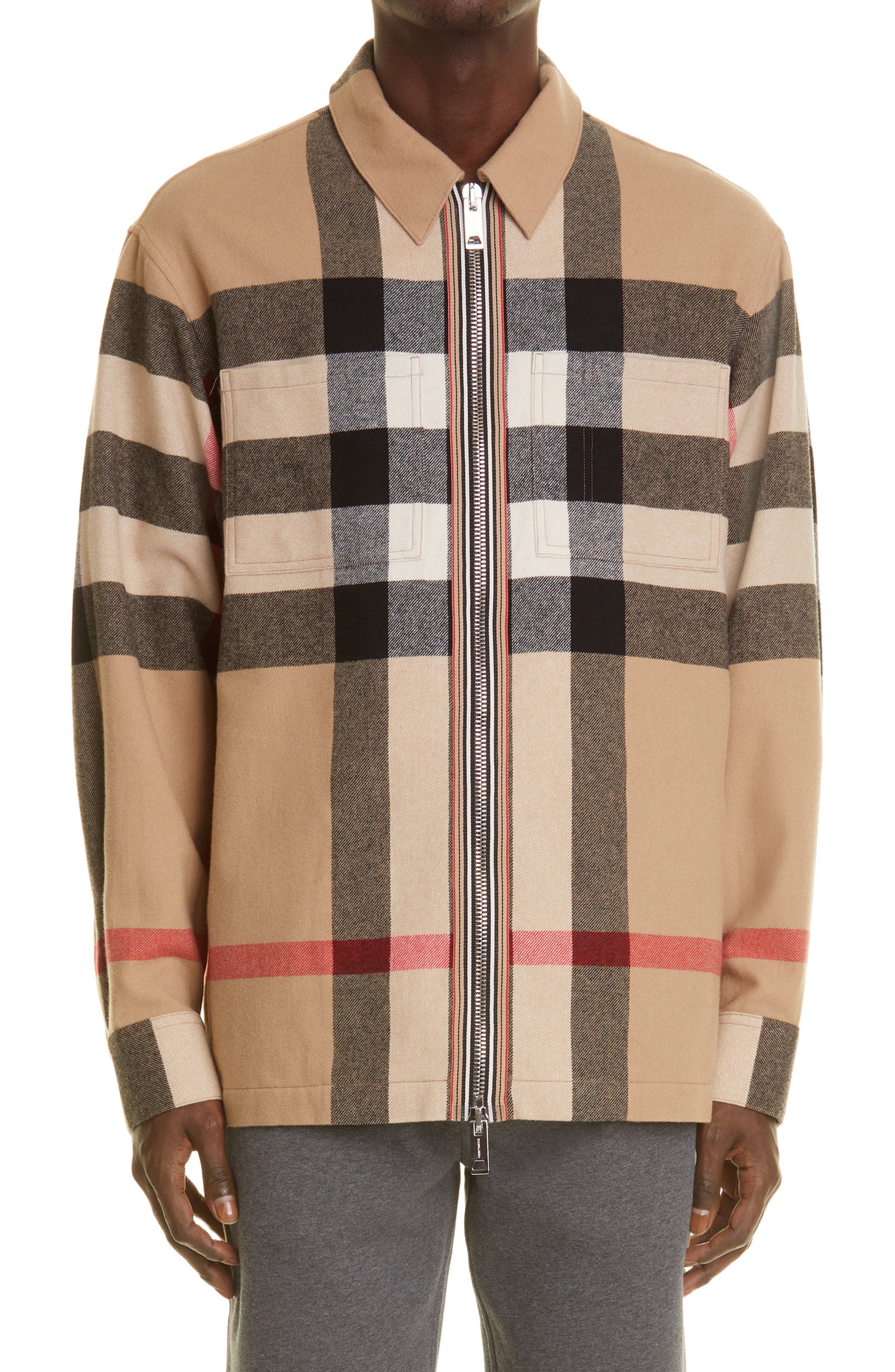 Burberry Hague Archieve Check Zip Front Cotton Flannel Shirt Jacket in Archive Beige Ip Chk at Nordstrom, Size X-Large