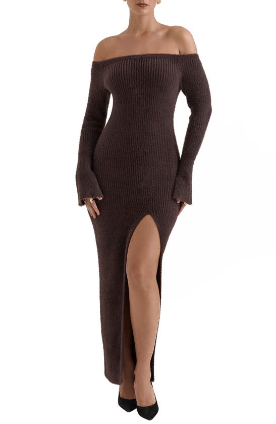 Shop House Of Cb Lucena Metallic Long Sleeve Off The Shoulder Maxi Sweater Dress In Grey Lurex