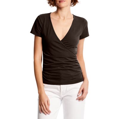 Michael Stars Bella Surplice Ruched Stretch Cotton Top, Black