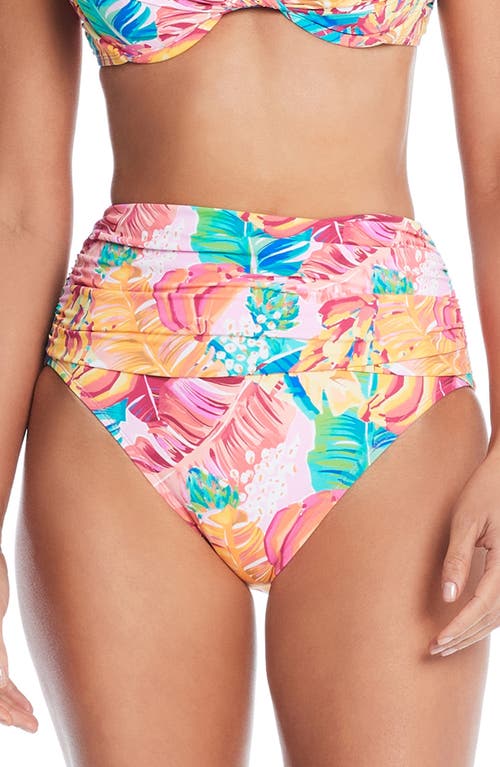 Rod Beattie Shirred High Waist Bikini Bottoms Pink/Tropical Multi at Nordstrom,