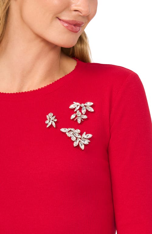 Shop Cece Rhinestone Embellished Scalloped Trim Rib Knit Top In Glamour Red