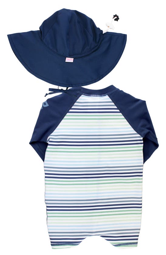 Shop Ruggedbutts Coastal Stripe One-piece Rashguard Swimsuit & Hat Set