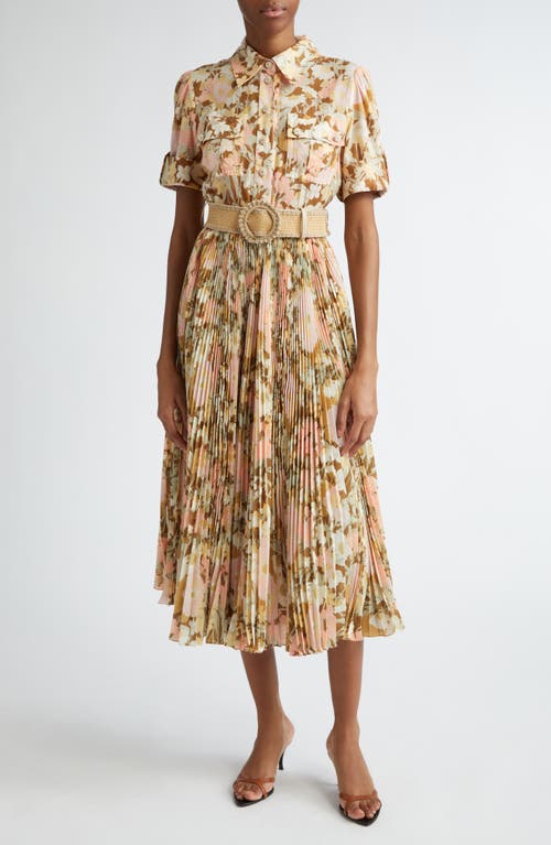 Shop Zimmermann Pop Pleated Midi Shirtdress In Gold/peach Floral