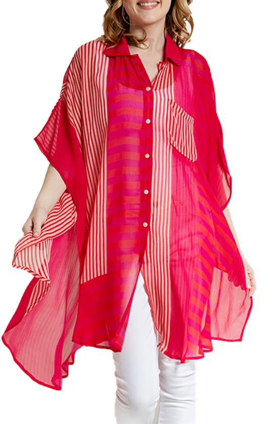 Saachi Sheer Oversize Stripe Cover Up Shirt In Red