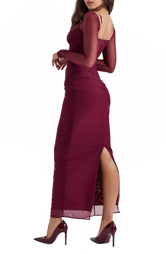 Shop House Of Cb Katrina Lace Mesh Long Sleeve Gown In Windsor Wine