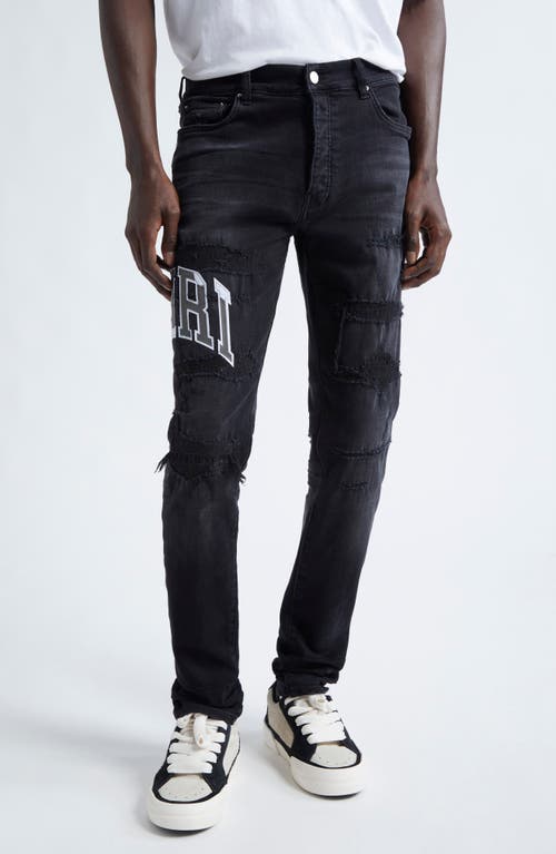 Shop Amiri Varsity Logo Rip & Repair Skinny Fit Jeans In Vintage Black