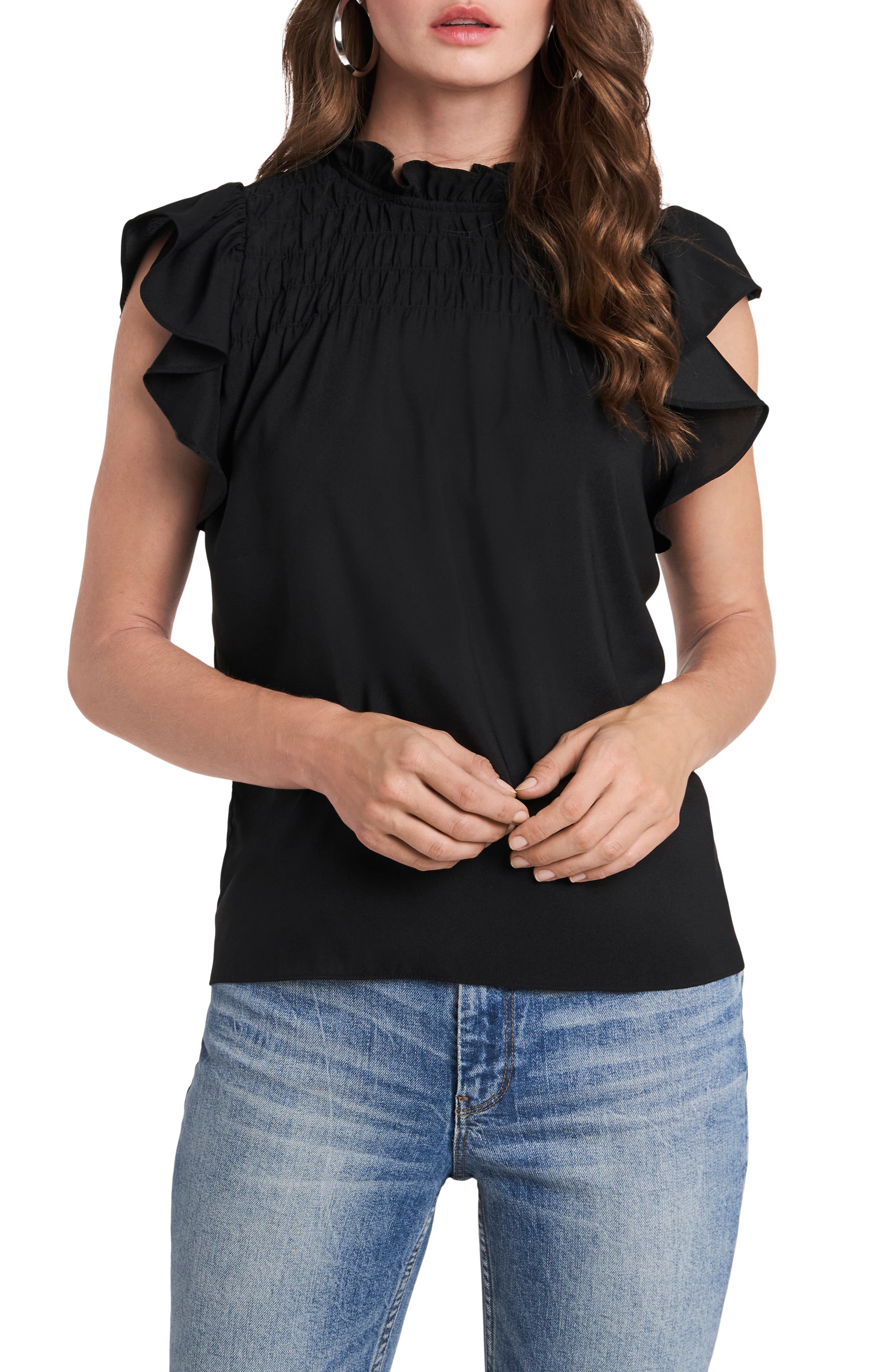 1.state Smocked Ruffle Sleeve Top In Rich Black