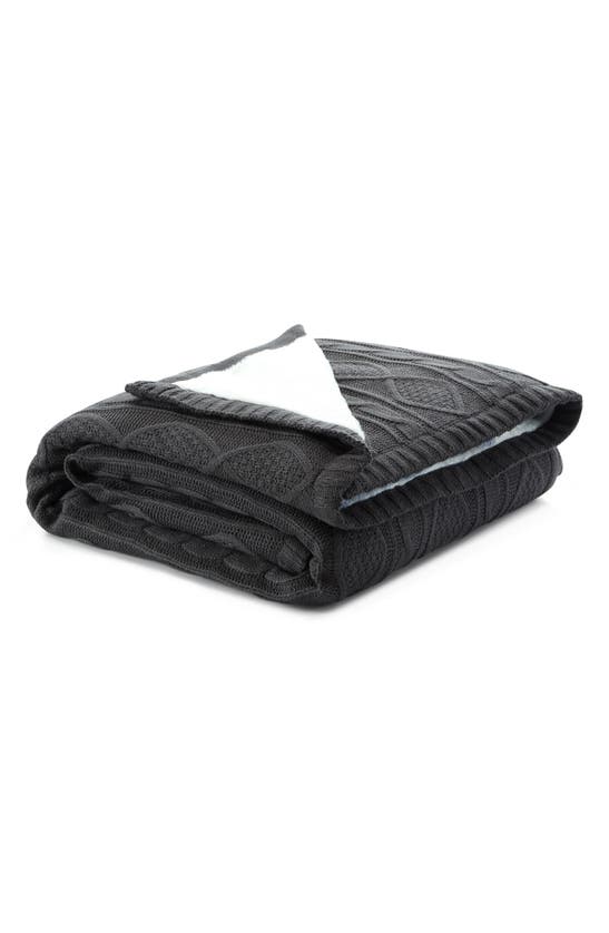 Inspired Home Cable Knit Faux Shearling Reversible Throw Blanket In Black