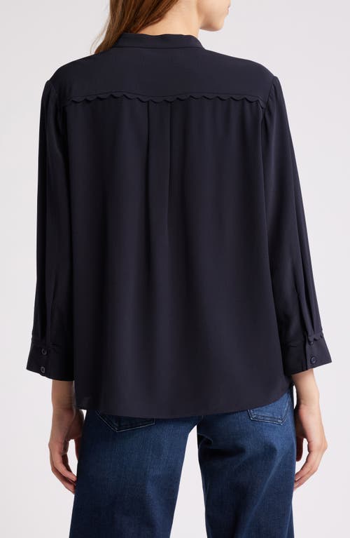 Shop Frame Scallop Trim Silk Button-up Shirt In Navy