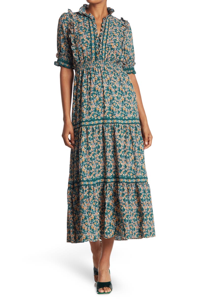 MAX STUDIO Elbow Length Sleeve Print Tiered Maxi Dress, Main, color, SPRGLTCM
