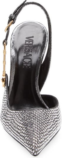 Safety Pin embellished leather pumps in silver - Versace, Mytheresa