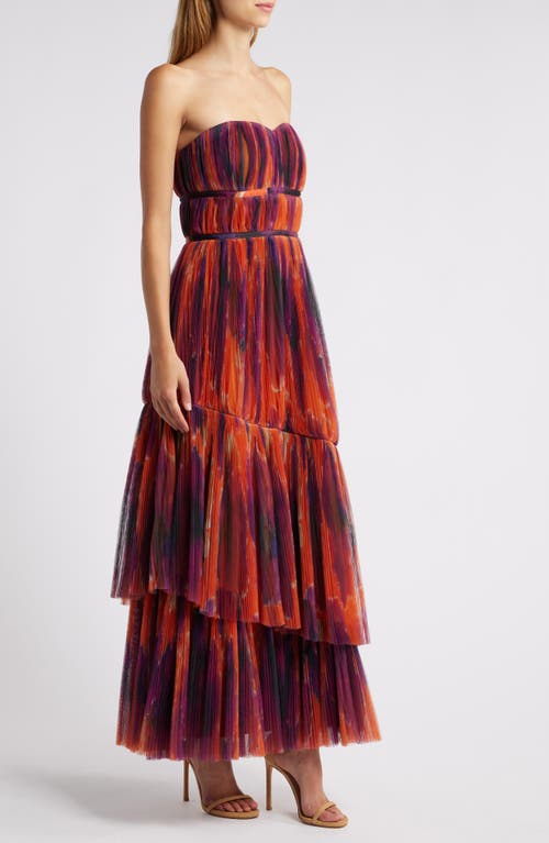 Shop Hutch Print Plissé Layered Ruffle Strapless Gown In Rust Ink Blot Floral