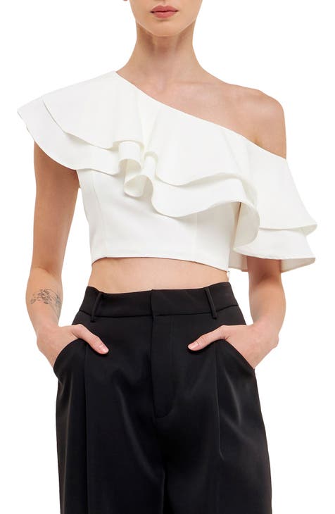 Alice + Olivia store Crochet Ruffled One Shoulder Crop Top