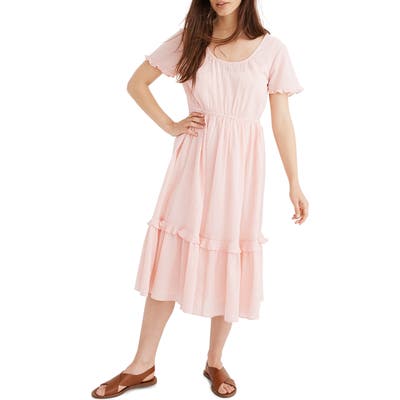 Madewell Gingham Tiered Midi Dress, Pink