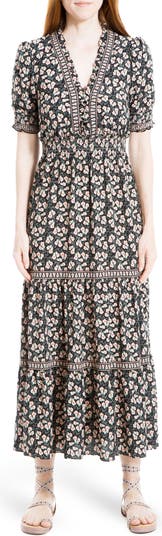 MAX STUDIO V-Neck Short Puff Sleeve Floral Print Tiered Dress ...