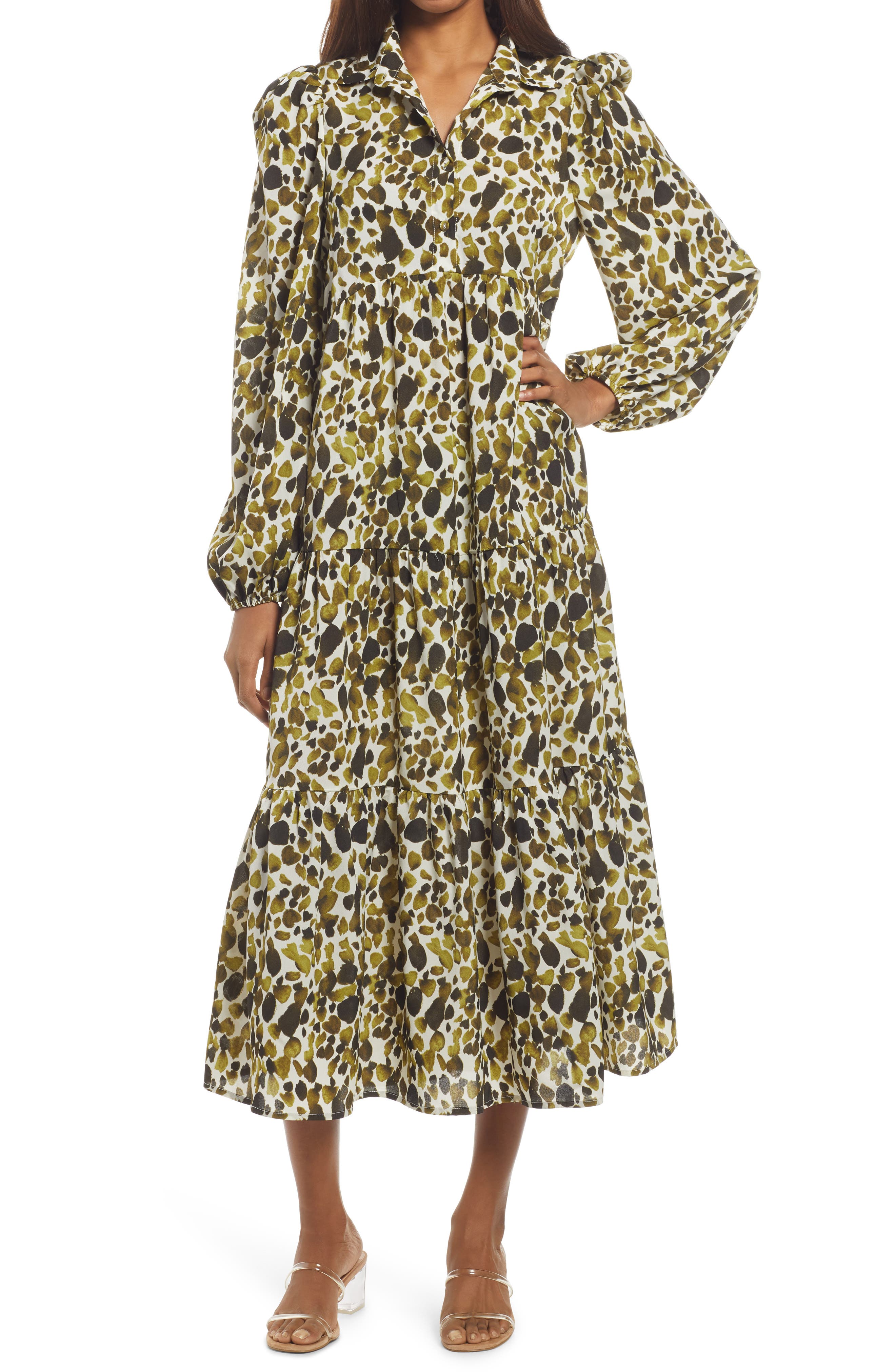 Never Fully Dressed Tiered Smock Top Midi Dress In Green Smudge Print |  ModeSens