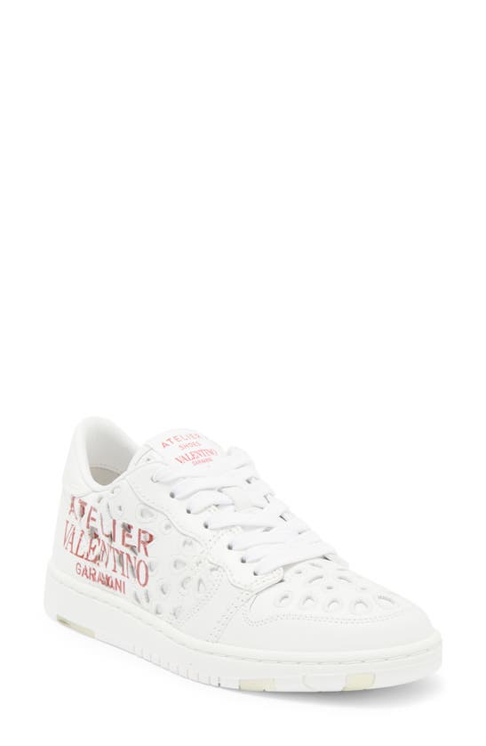Shop Valentino Eyelet Leather Sneaker In Bianco/ Red