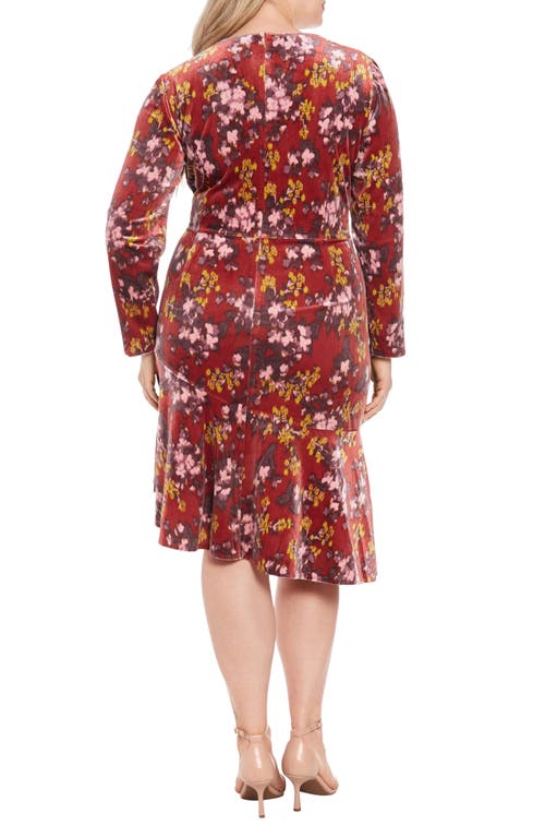 London Times Floral Asymmetric Long Sleeve Velour Midi Dress In Red Multi