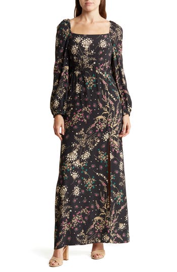 Lovestitch Floral Long Sleeve Maxi Dress In Black