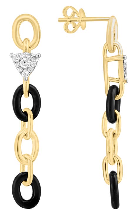 14K Yellow Gold Pavé Diamond & Onyx Link Drop Earrings - 0.22ct.