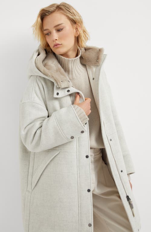 Shop Brunello Cucinelli Virgin Wool And Cashmere Double Cloth Down Parka With Detachable Shearling Insert In Light Grey