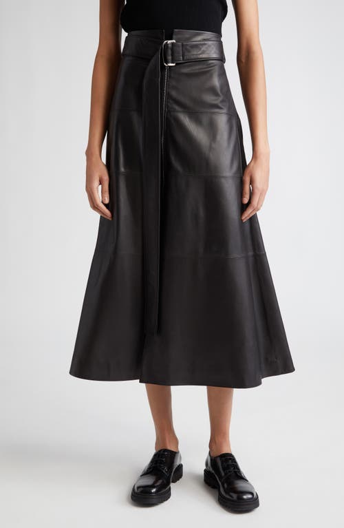 Alana Belted Leather A-Line Midi Skirt in Black
