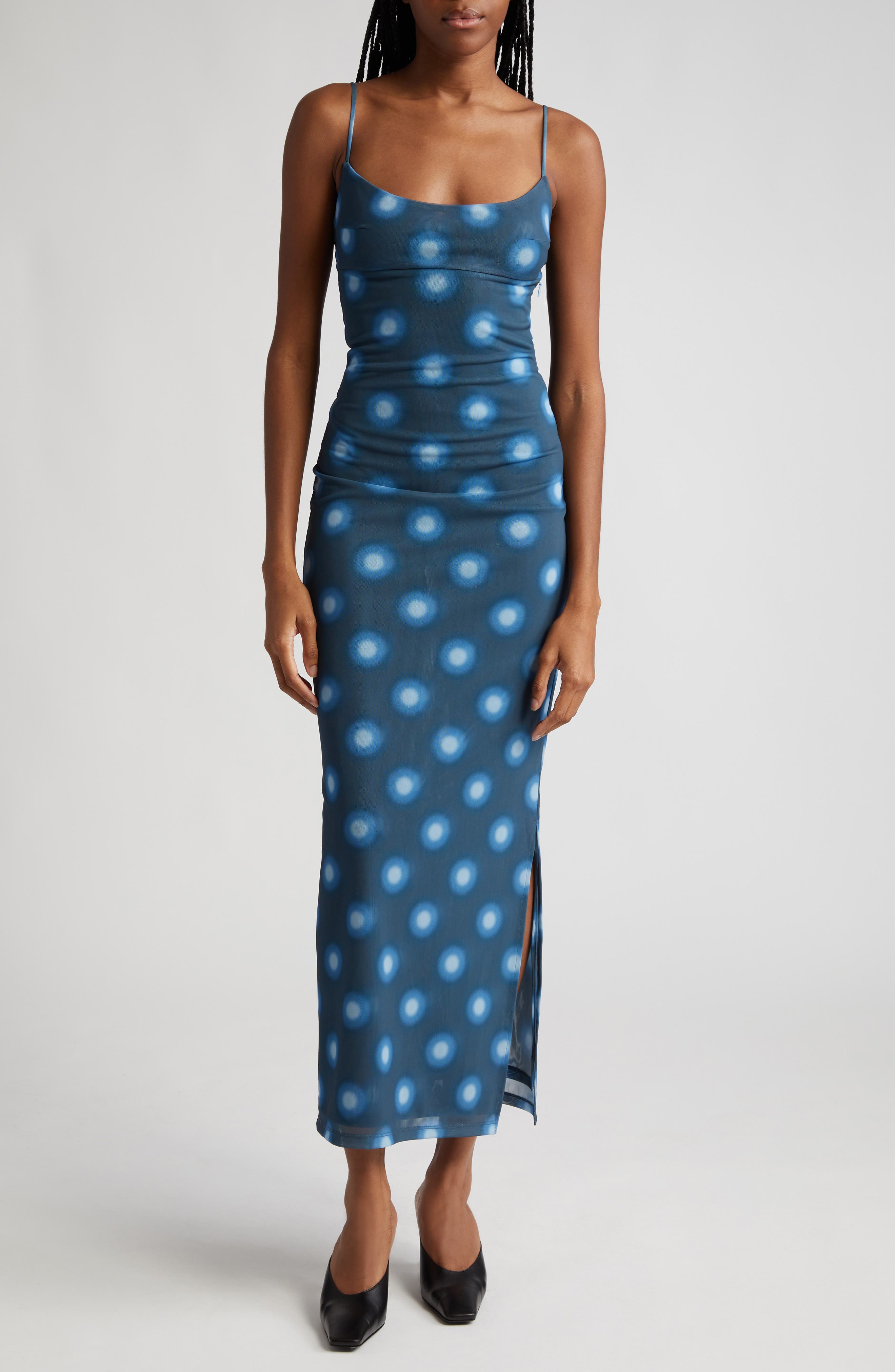 Miaou Thais Print Stretch Recycled Mesh Slipdress in Gradient Dot Blue |  Smart Closet
