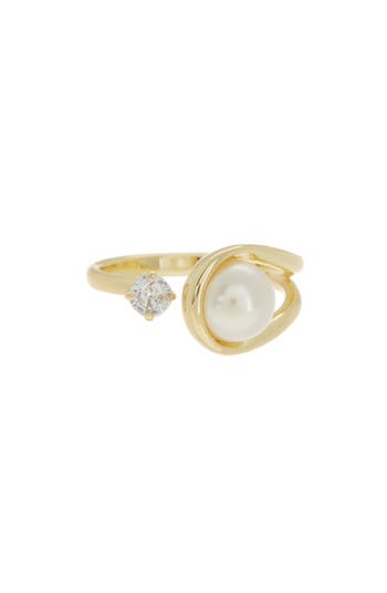 Shop Covet Open Loop Imitation Pearl & Cz Ring In Gold/white