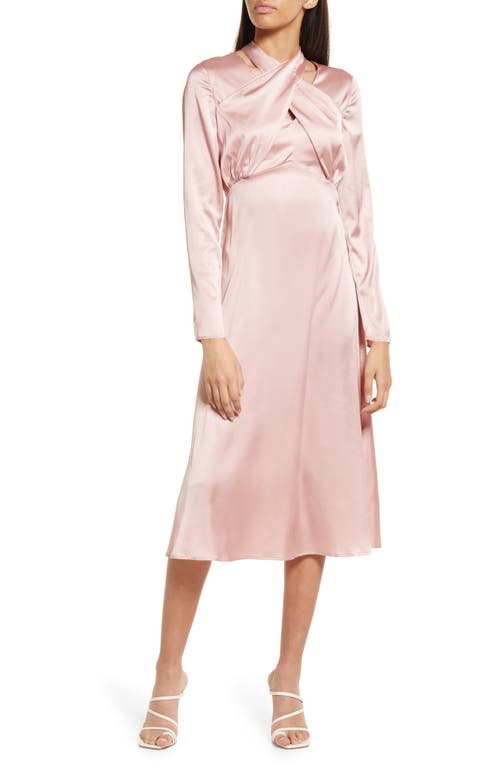 Area Stars Tie Neck Long Sleeve Satin Dress in Coral Pink