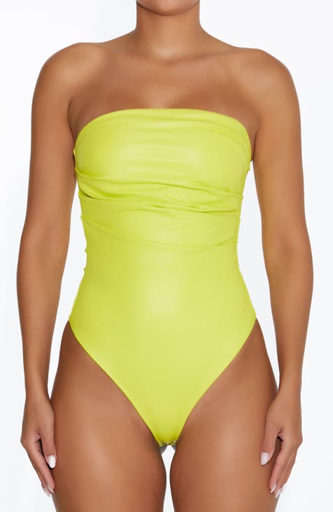 Neon Lime Stretch Crepe One Shoulder Thong Bodysuit