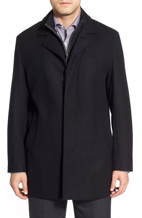 COLE HAAN WOOL BLEND TOPCOAT WITH INSET KNIT BIB
