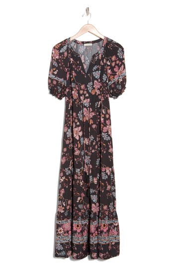Lovestitch Border Short Sleeve Maxi Dress In Brown/dusty Lilac