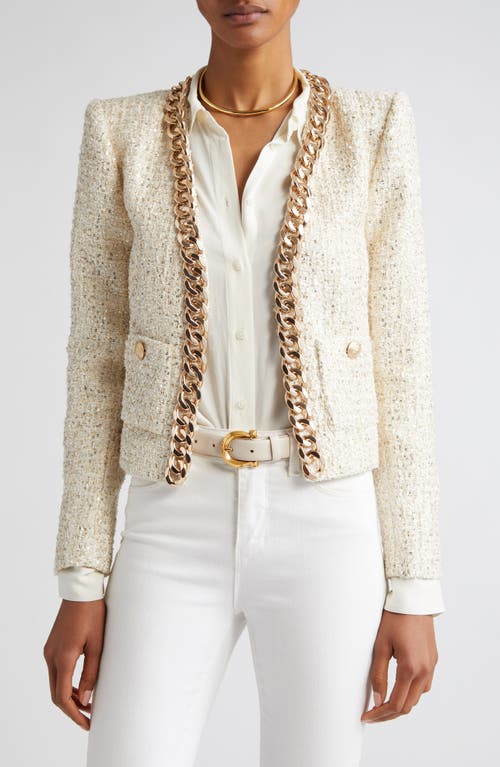 L'AGENCE Greta Chain Detail Sequin Tweed Jacket in Champagne/Gold at Nordstrom, Size 12