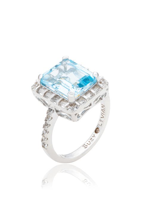 Sterling Silver Emerald Cut Blue Topaz & White Topaz Halo Ring